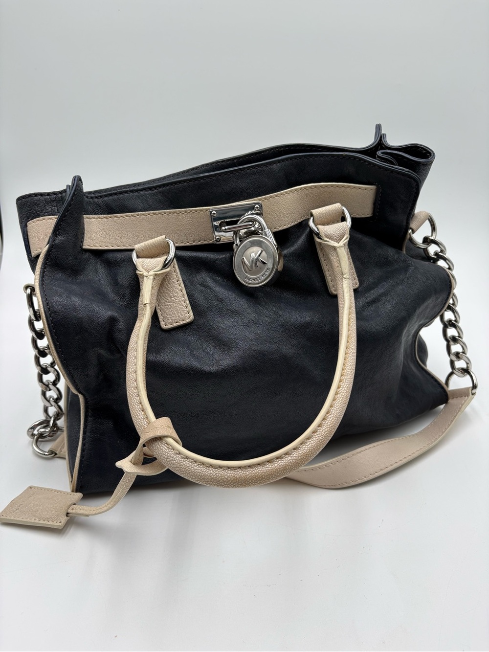 Michael Kors Navy Blue & Beige Leather Shoulder Satchel Handbag Purse - Picture 1 of 15
